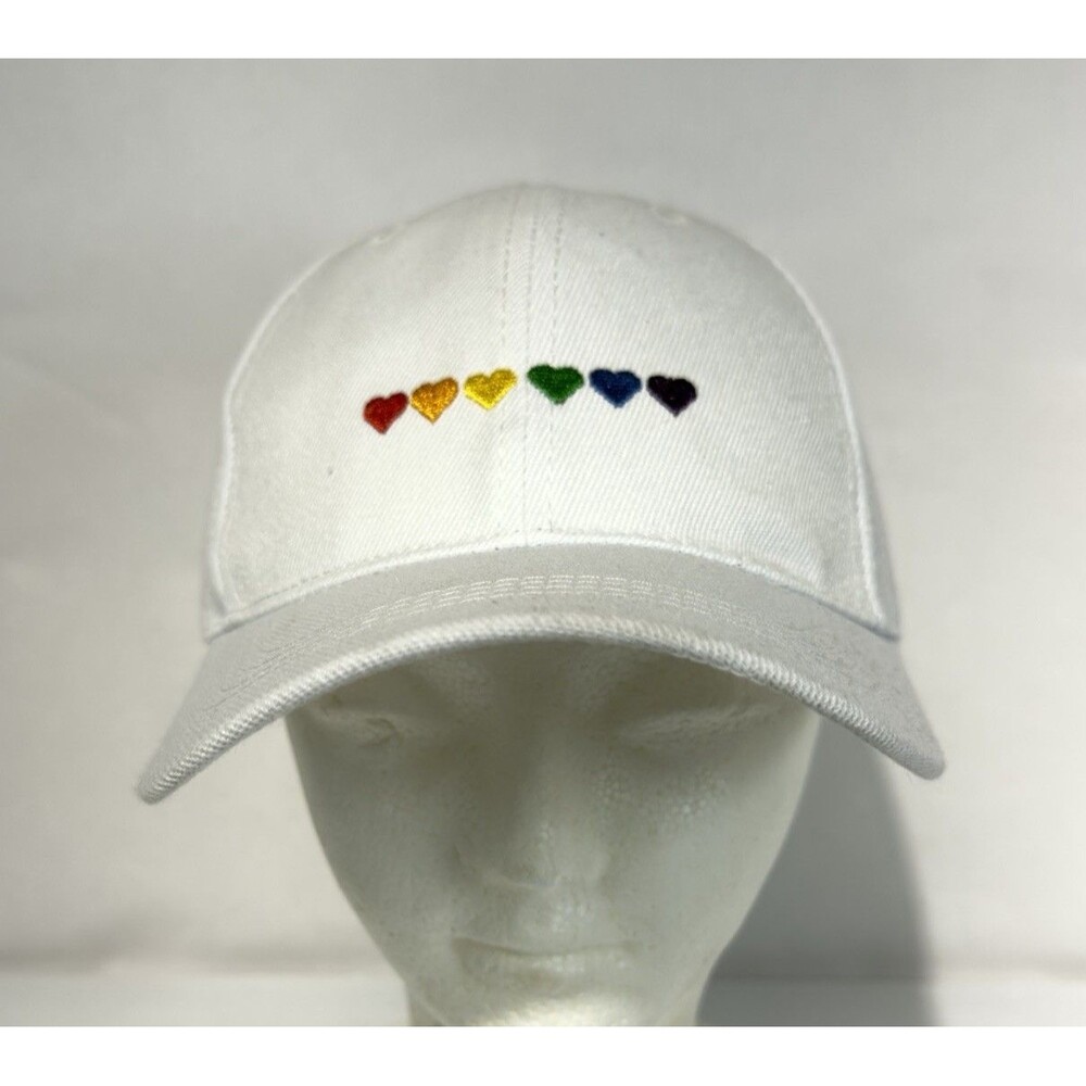 Season of Love Pride Baseball Cap White Rainbow Embroidered Hearts Hat